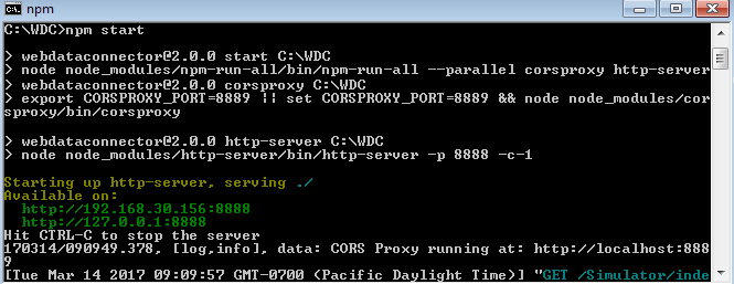 Enter "C:\WDC>npm start" in the command prompt to start the server.  Press Ctrl-C to stop the server.